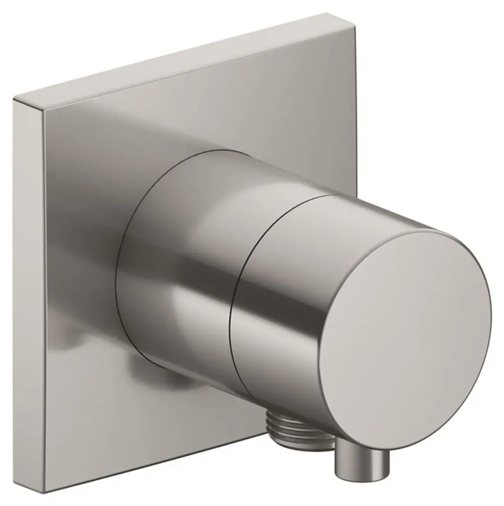 Eckiger Wandanschluss mit Schlauchanschluss von Keuco, aus gebürstetem Nickel, mit Drehmechanismus zur Umstellung.